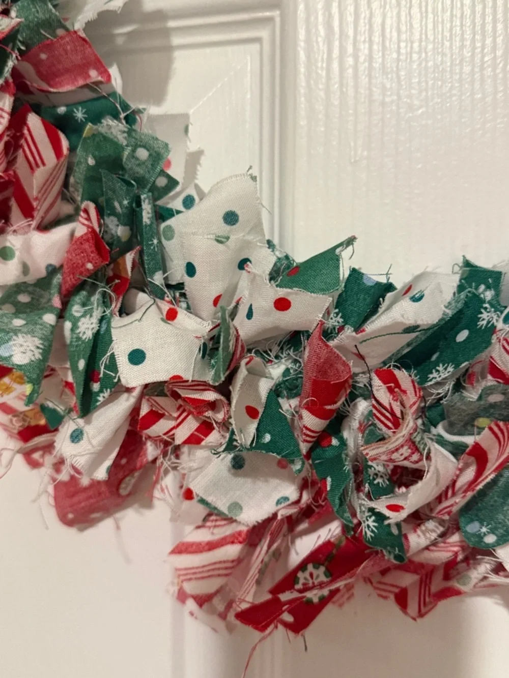 Homemade!! Tied Festive Red, Green & White Holiday Rag Wreath